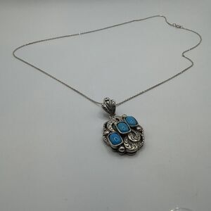 925 Sterling Silver Sleeping Beauty Turquoise Necklace 3 Stone Pendant 18” NEW